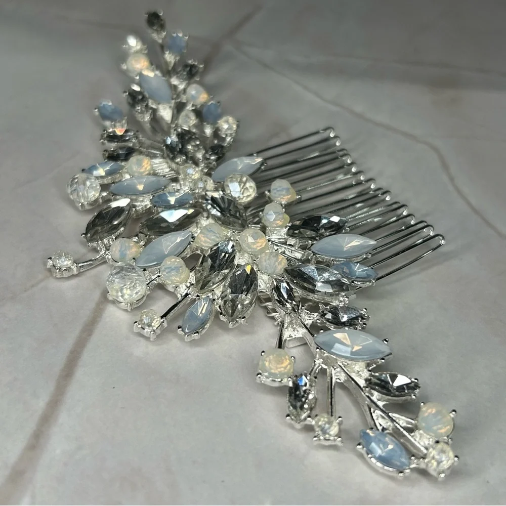 Dazzling Silver Tone Opal and Light Blue Adorned Hair Comb